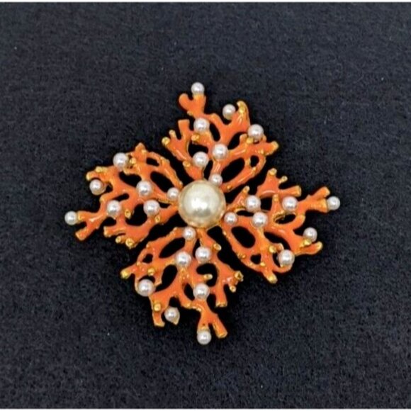 KJL KENNETH J LANE Large Enamel Brooch Coral Branch Faux Pearl Vintage Pin - Picture 14 of 16
